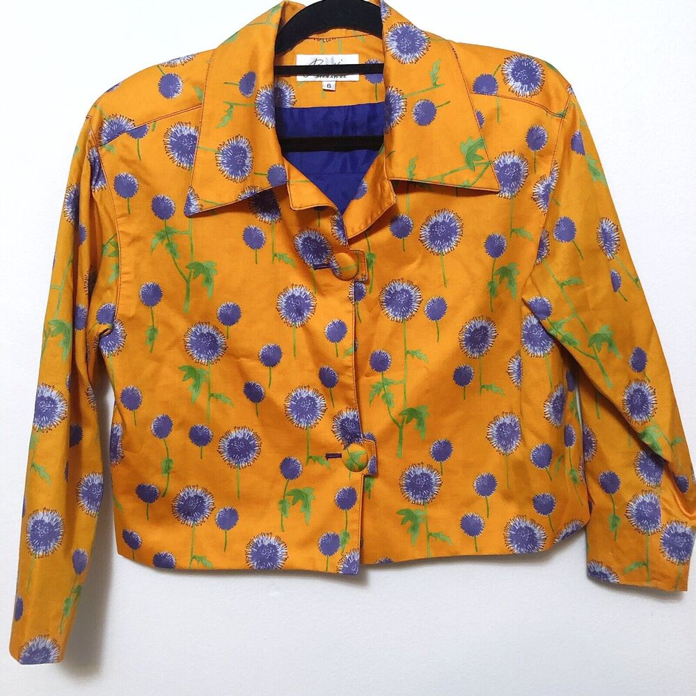 Paula Hian Womens Light Weight Cropped Blazer Jacket Orange Floral Cotton Size 6